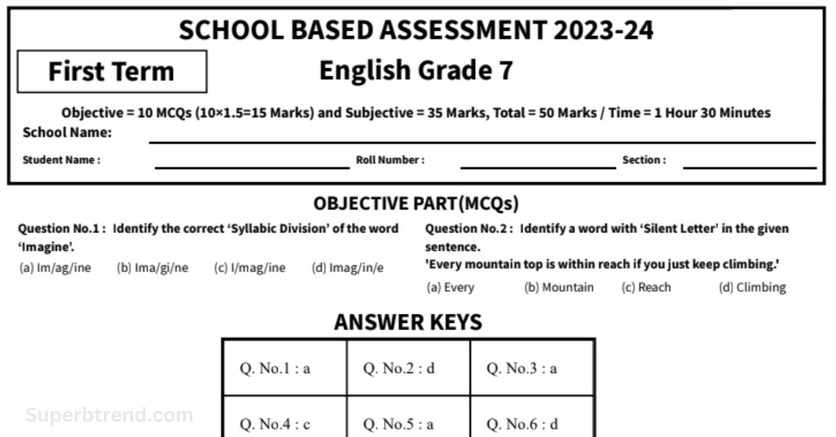 English Paper of class 7 School Based Assessment 2024